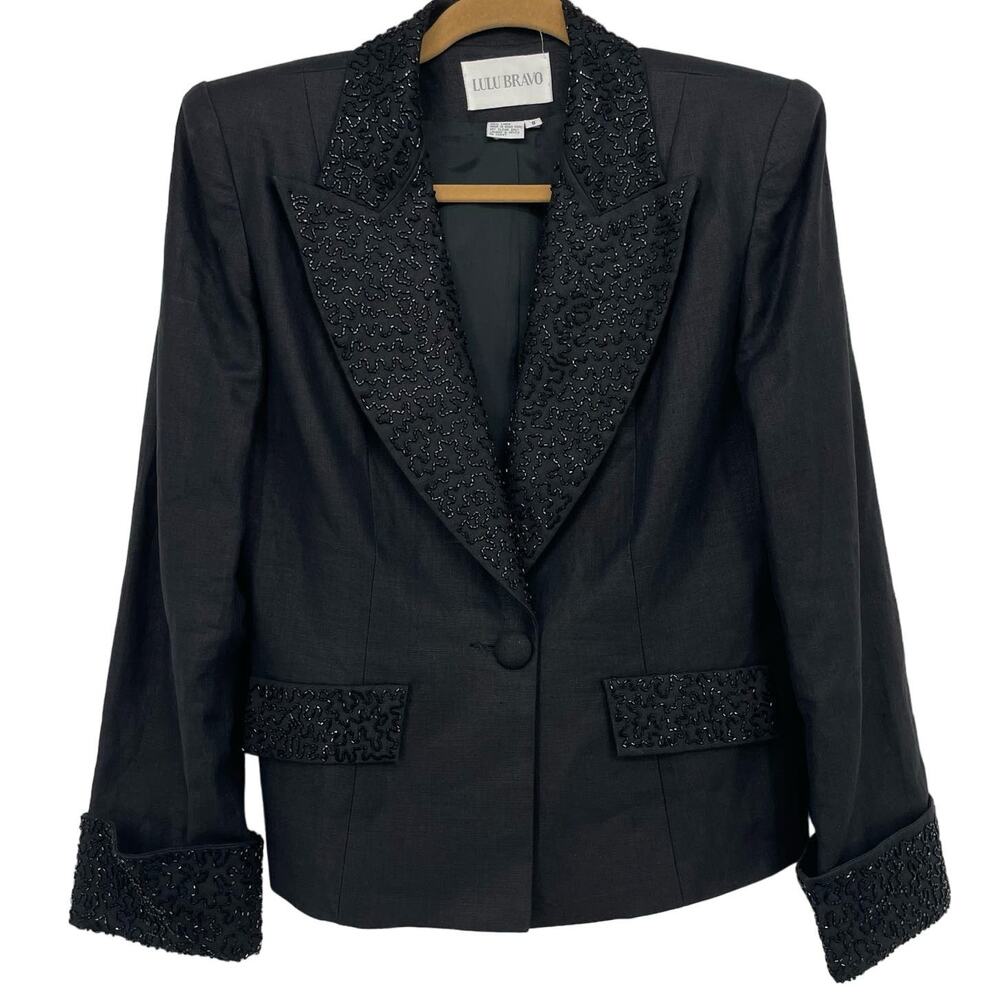 Lulu‎ Bravo 8 Medium 100% Linen Blazer Beaded Single Breasted Elegant One Button